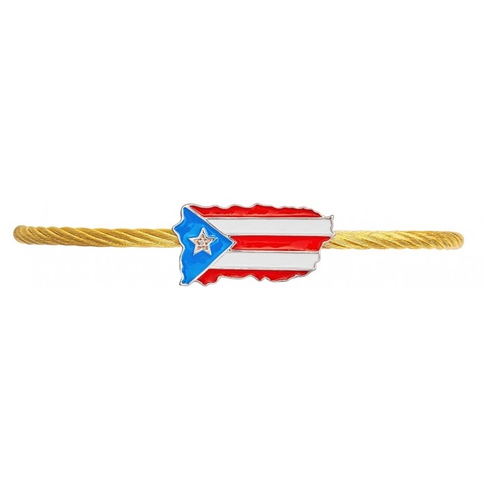 Yellow finish stainless steel cable bracelet with a .925 sterling silver Puerto Rican flag with diamond detail.