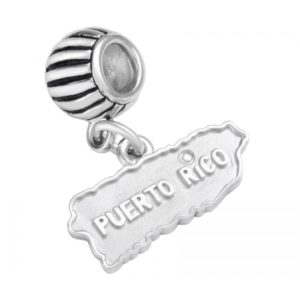 Solid Sterling Silver .925 Puerto Rico Map Roundel Charm with Diamond Detail over the “i”