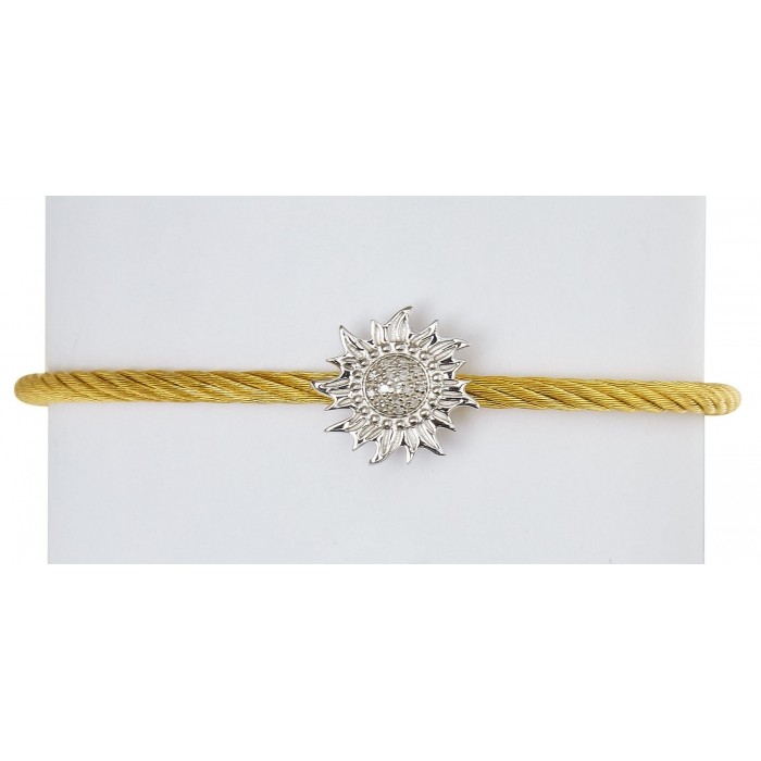 Yellow finish stainless steel cable bracelet with a sterling silver .925 sun diamond detail.