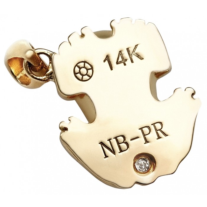 Back of solid 14K gold coquí charm, certified and hallmark stamped, with inlaid signature diamond