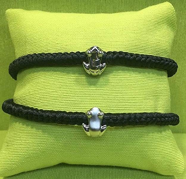 2 black silk cord macramé bracelets w/ Reversible .925 sterling silver Coquí Charms in matte and high polish finish