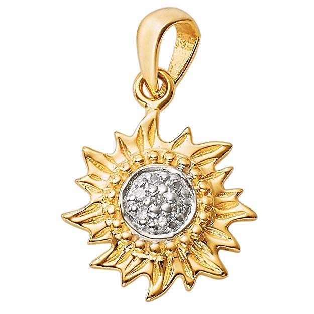 14K Gold Mini Sun Pendant with Diamonds in Center