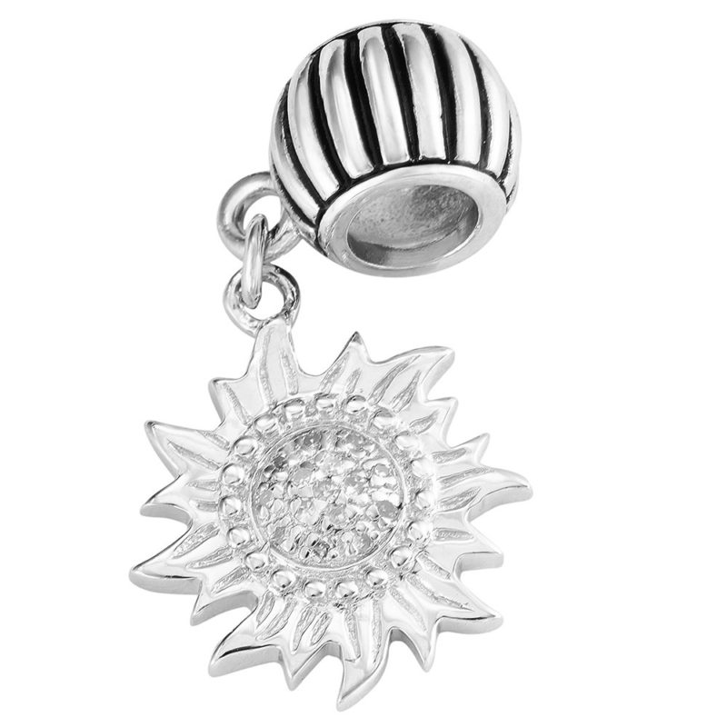 Solid .925 Sterling Silver Sun Roundel Charm with a cluster of diamonds at its center