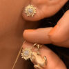 Sun Design Solid 14K Yellow Gold Stud Earrings with Diamond Cluster