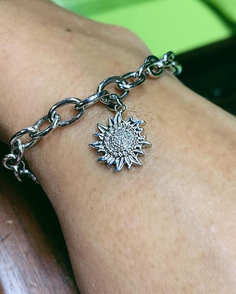 Sun with Diamond Cluster Link Charm Bracelet Solid Sterling Silver .925