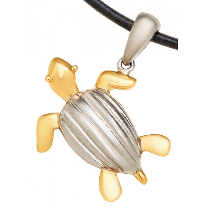 Leatherback sea turtle (tinglar) charm made of 14K gold, .925 sterling silver, and diamond eyes.