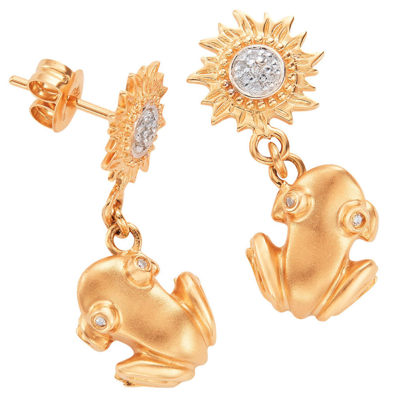 Sun-Coquí Drop Earrings Solid 14K Gold with Diamond Eyes and Diamond Center Suns