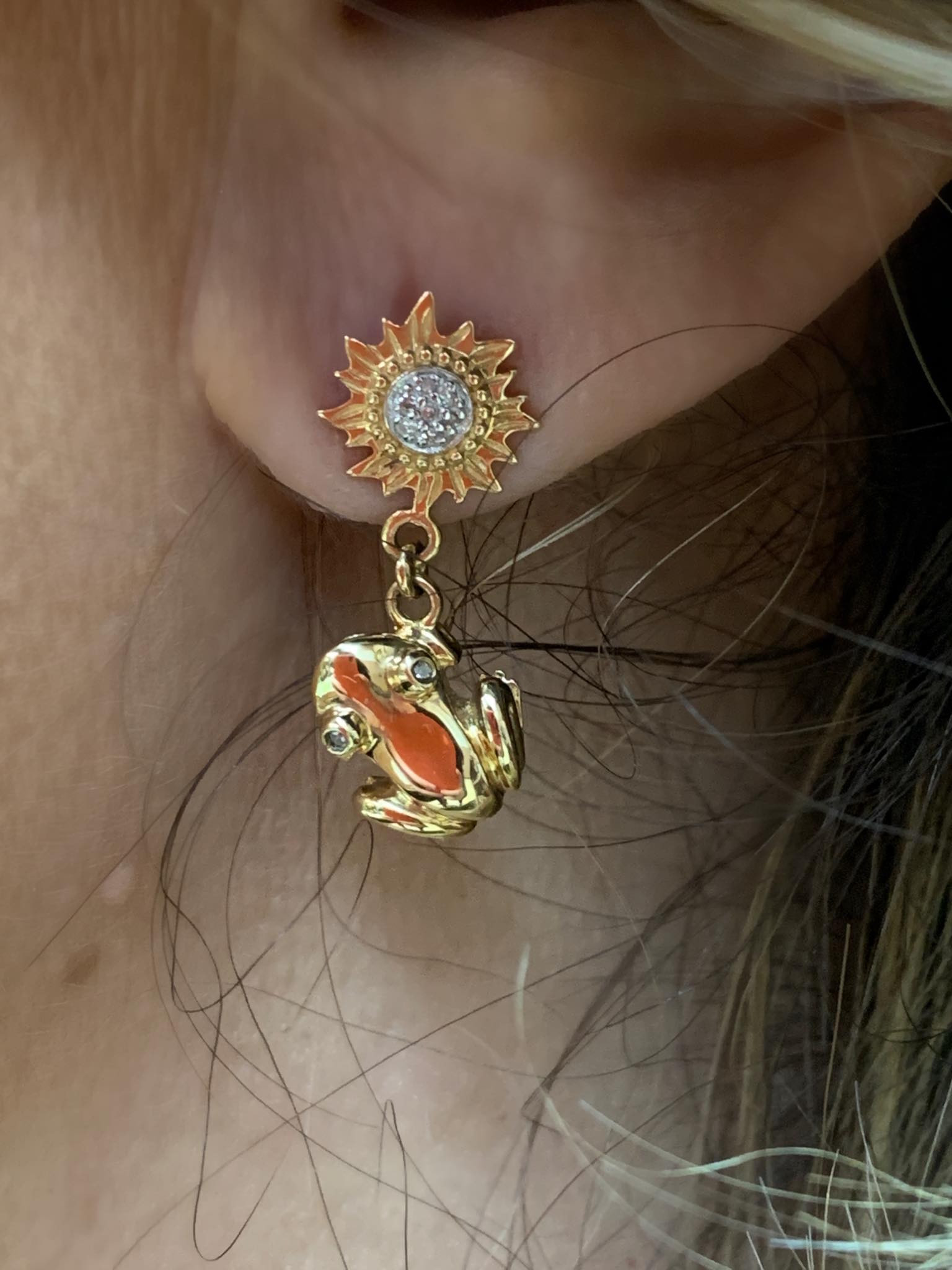 Sun-Coquí Drop Earrings Solid 14K Gold with Diamond Eyes and Diamond Center Suns Sun-Coquí Drop Earrings Solid 14K Gold with Diamond Eyes and Diamond Center Suns