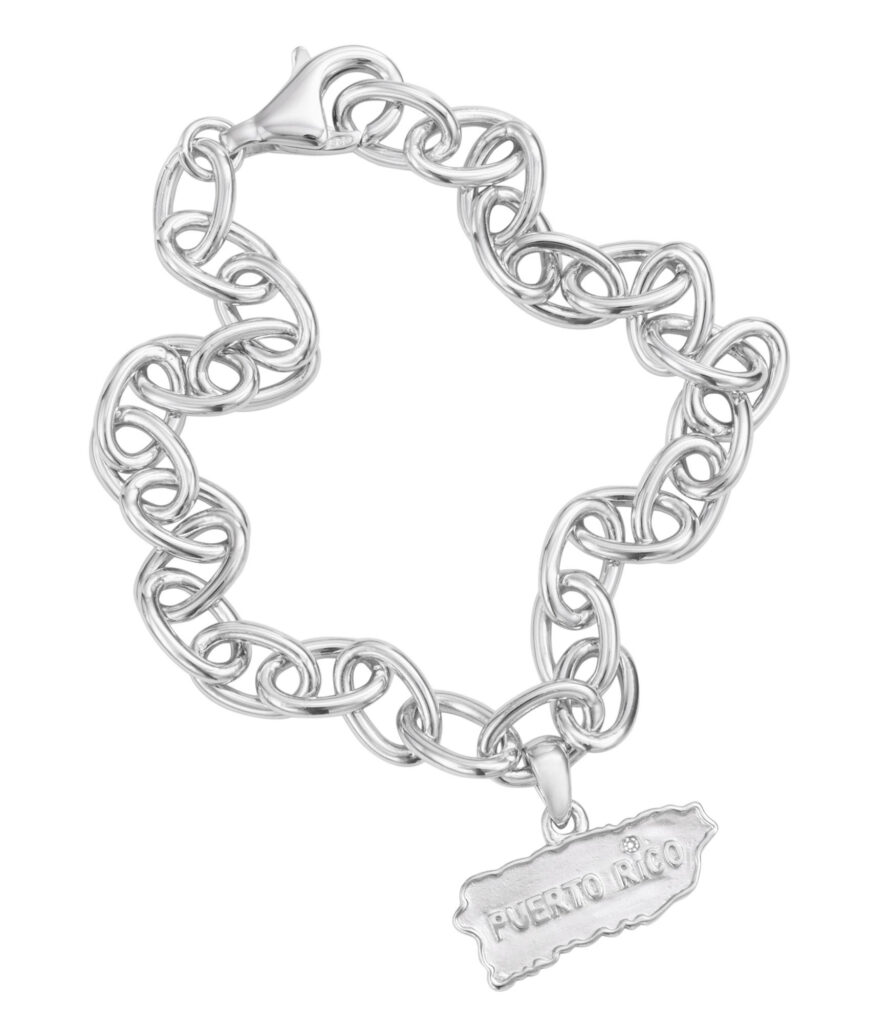 Puerto Rico Map Link Charm Bracelet Solid Sterling Silver .925 and Diamond over "i", 8" long