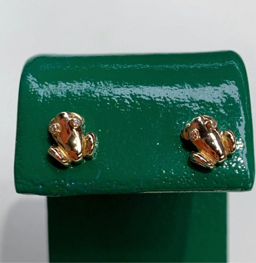 Petite Coquí (Tree Frog) Stud Earrings Solid 14K Yellow Gold with